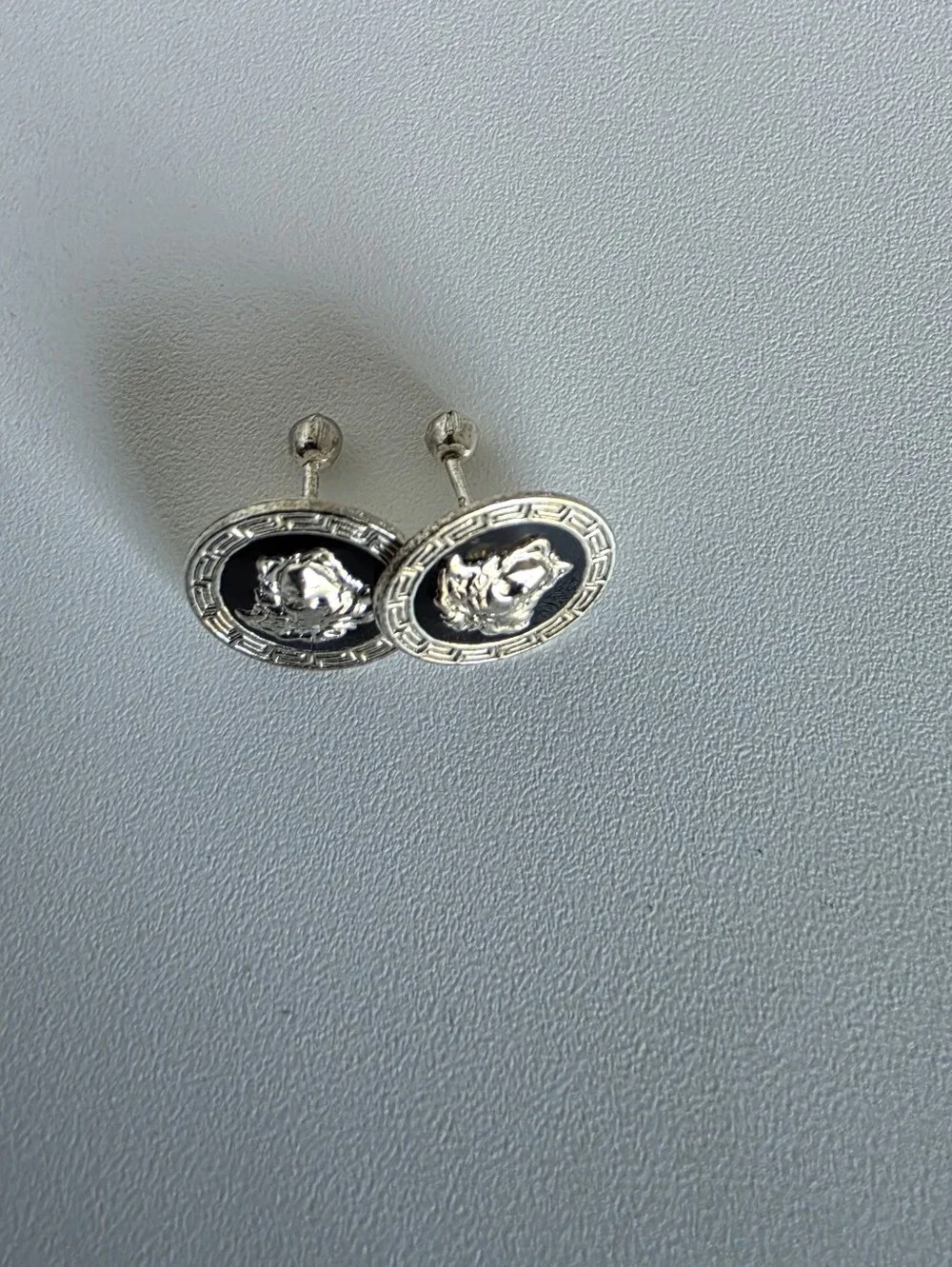 925 Sterling Silver Medusa Stud Earrings Greek Key Black Enamel